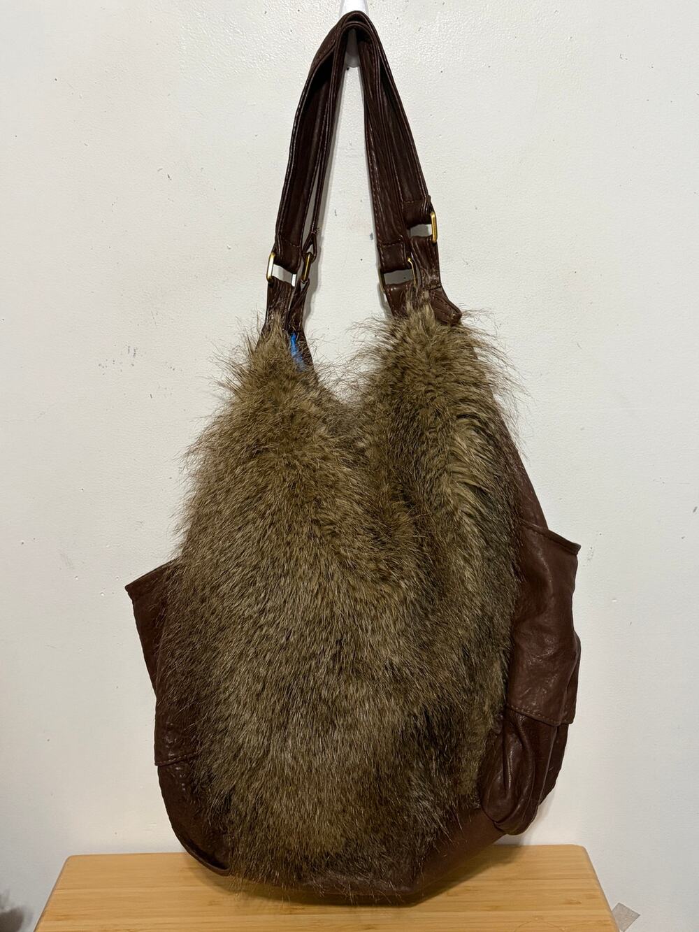 Crystal Rose Y2K Faux Fur Hobo Bag Genuine Leather Boho McBling Slouchy Purse
